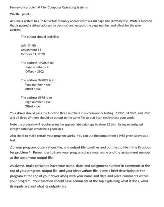  Homework problem \# 4 for Computer Operating Systems Worth 5 points.