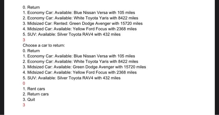 SUVs. Each rents for a different price. Their initial inventory is as