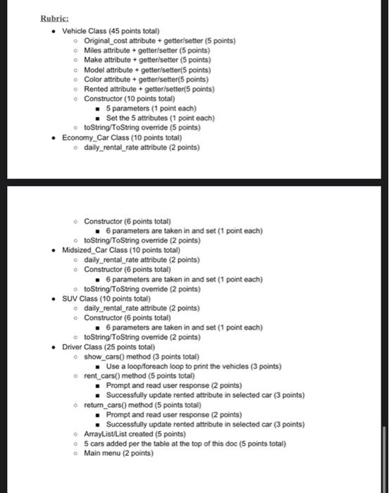 follows: Type Make Model Color Current Mileage Rental Rate Blue 105 8422