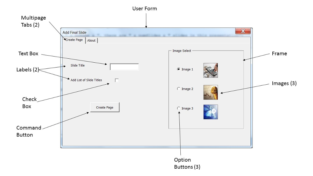 3. Using the Visual Basic Editor, create a form named frmAddSlide that