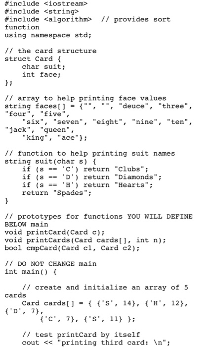 result should look like b. Implement printCard to neatly print the face