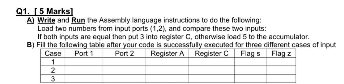  Q1. 5 Marks] A) Write and Run the Assembly language instructions