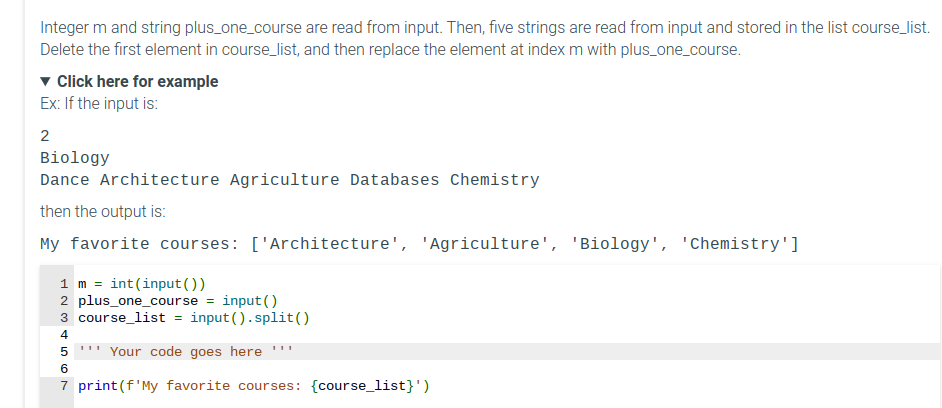  Integer m and string plus_one_course are read from input. Then, five