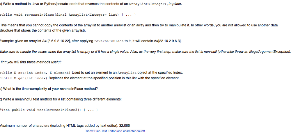  a) Write a method in Java or Python/pseudo-code that reverses the