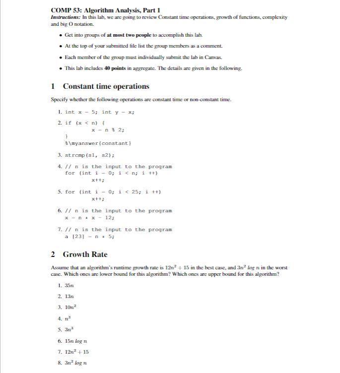 c++ please COMP 53: Algorithm Analysis, Part 1 Instructions: In this lab,