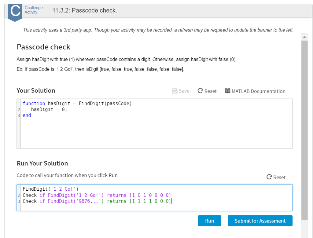 USE MATLAB Assign hasDigit with true (1) wherever passCode contains a