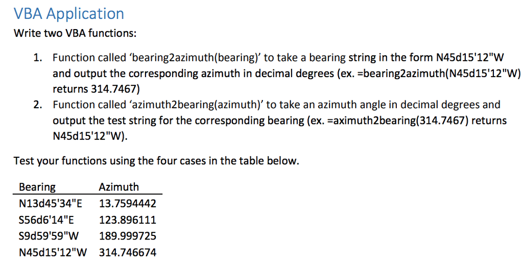 VBA Application Write two VBA functions: 1. Function called 'bearing2azimuth(bearing) to