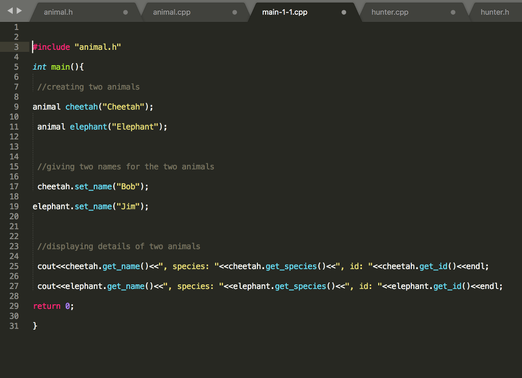 class named hunter. A hunter object represents an animal that hunts for