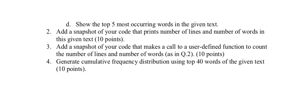 some basic text processing functions Instructions: Submit only one PDF file (Fname_Lname_Assignment_1)