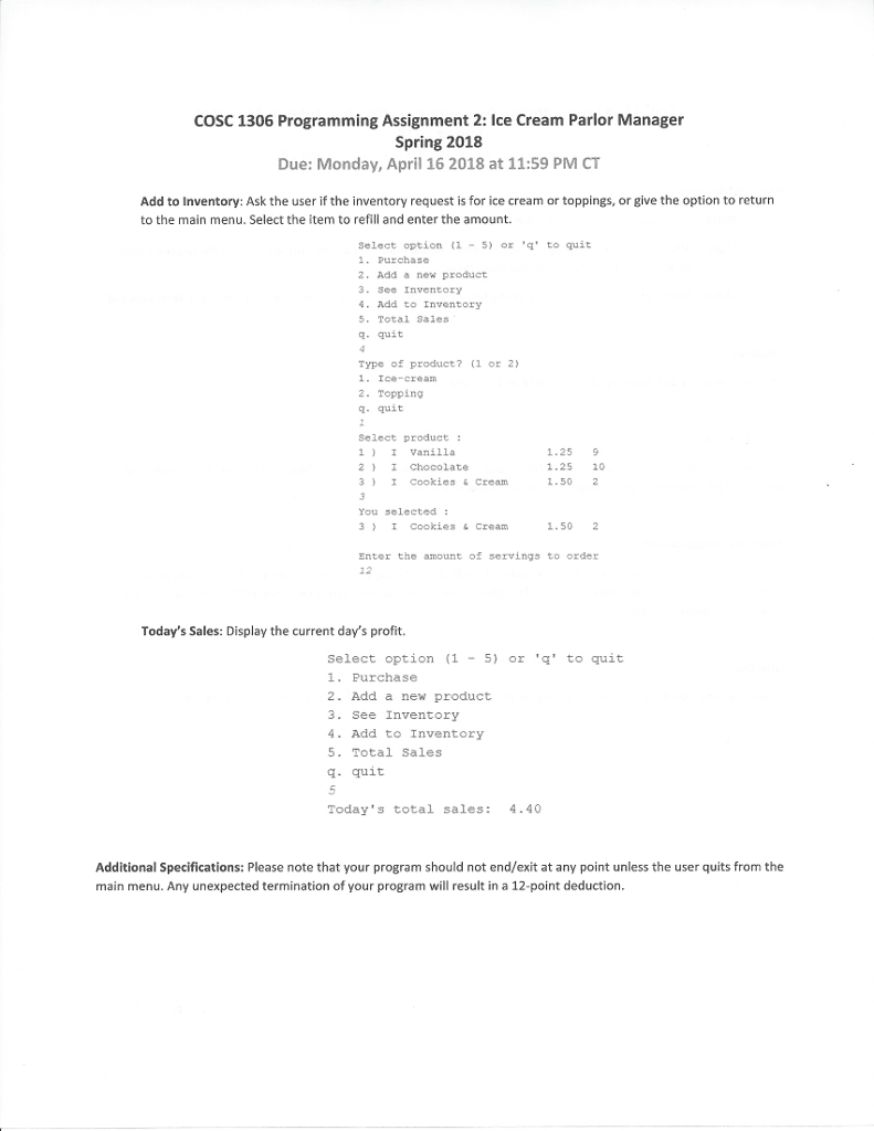 Ice Cream Parlor Manager Spring 2018 Due: Monday, April 16 2018 at