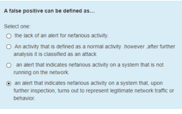 A false positive can be defined as... Select one: the lack