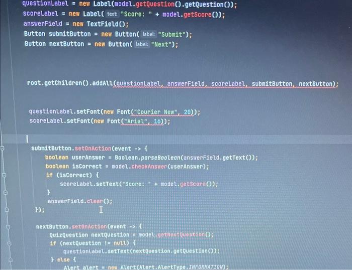 question; this, answer = answer; public boolean checkAnswer (boolean userAnswer) return userAn