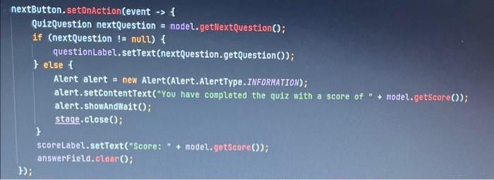 er == answer: public String getQuestion ght return question: puo12c class QuizView