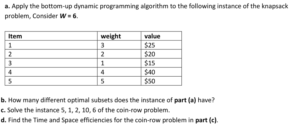  a. Apply the bottom-up dynamic programming algorithm to the following instance