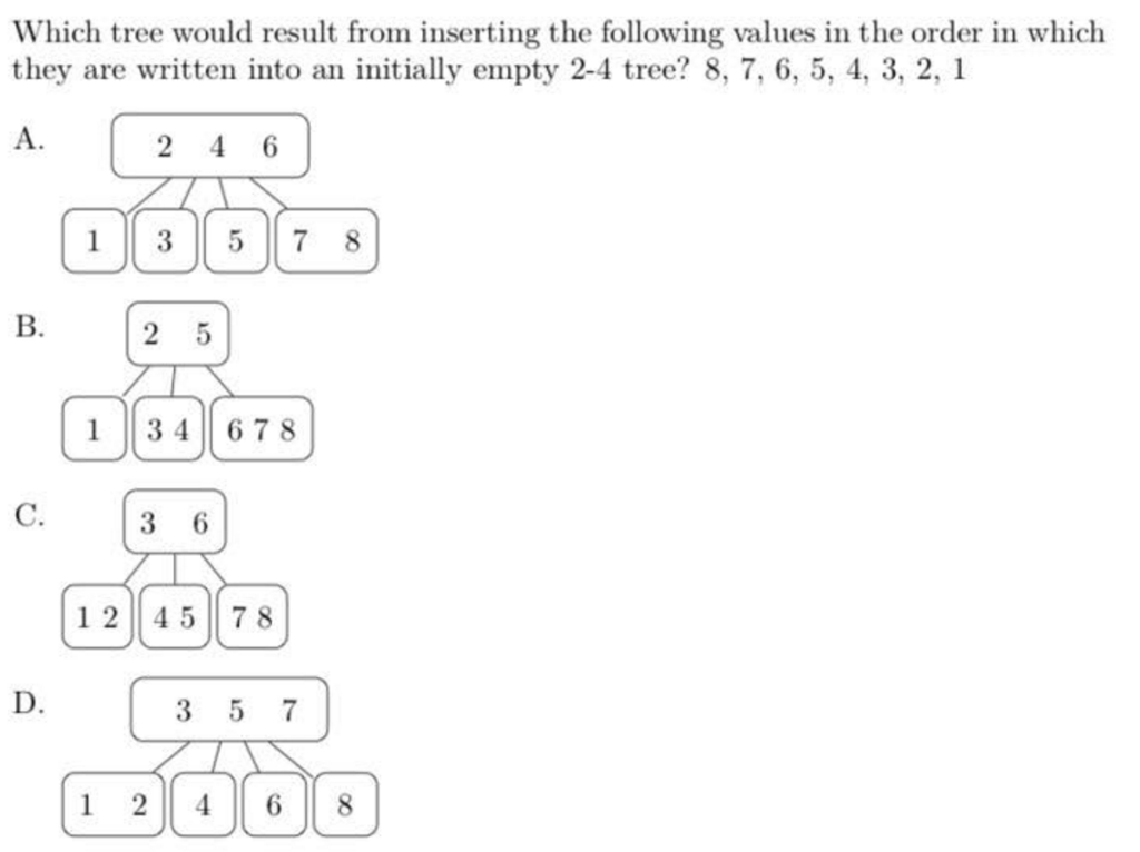  Which tree would result from inserting the following values in the