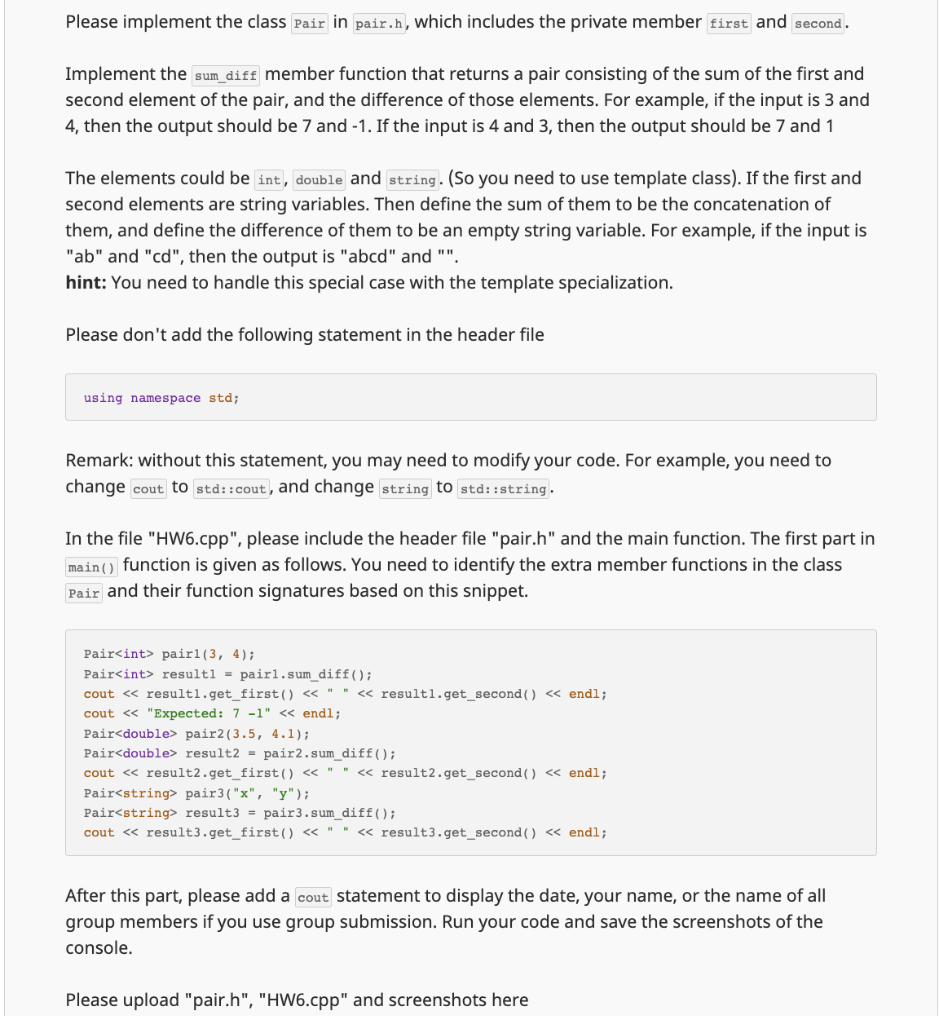  PLEASE PROVIDE FULL CODE, AND TWO SEPARATE ANSWERS FOR PAIR.H and