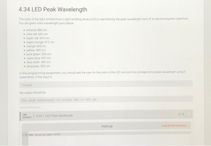  Python coding Problem 4.34 LED Peak Wavelength The color of the