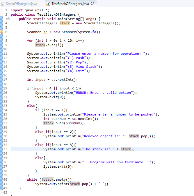 I keep getting; The stack is: StackOfIntegers@55f96302 9 8 7 6