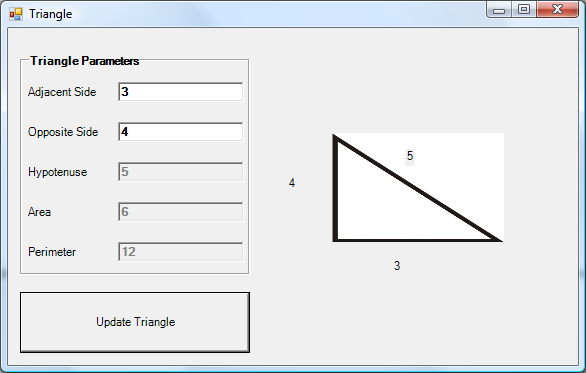 Triangle = New Triangle(3, 4) ' display the Triangle's information myTriangle.DisplayInformation() End