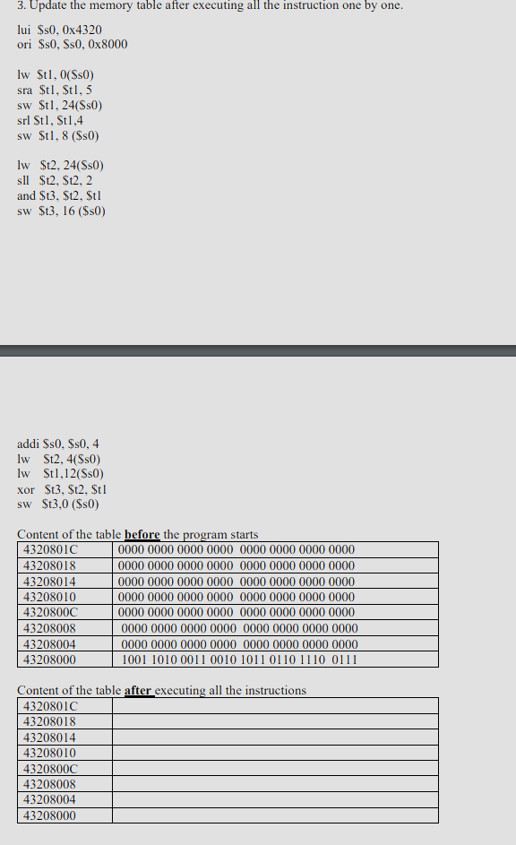  Update the memory table after executing all the instruction one by