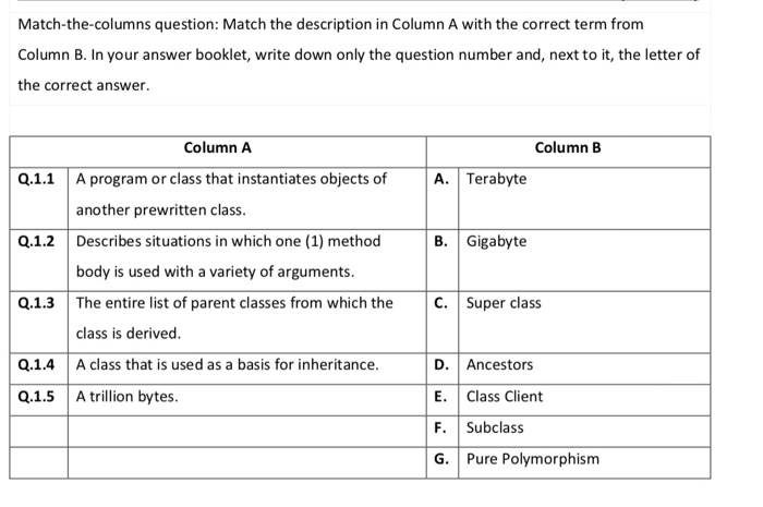  Programming logic and design Match-the-columns question: Match the description in Column