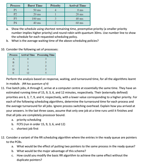 9. Consider the following workload a. Show the schedule using shortest remaining