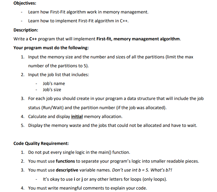 Please do this in C++. Input the memory size, the partition size