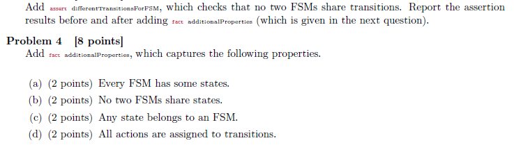two FSMs share transitions. Report the assertion results before and after adding