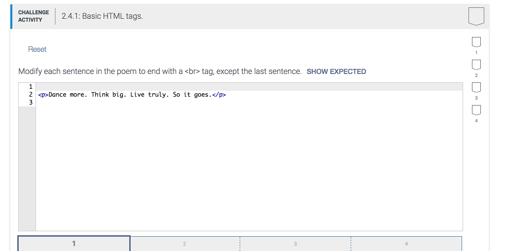  CHALLENGE 24.1: Basic HTML tags ACTIVITY Reset Modify each sentence in
