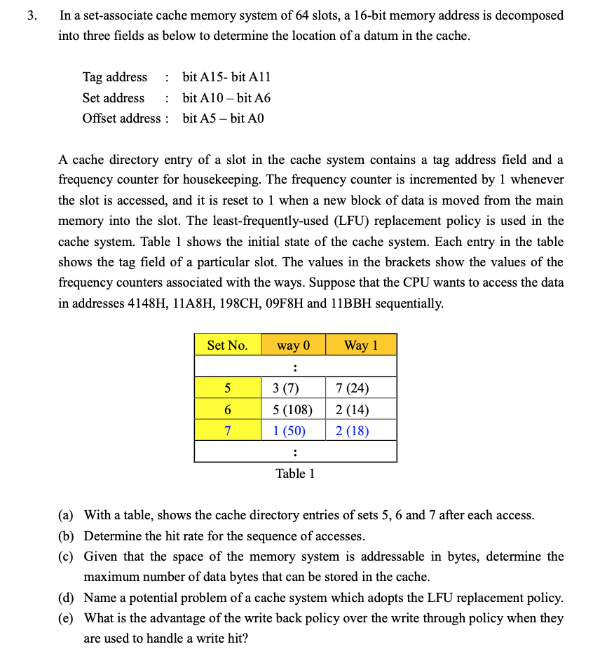 In a set-associate cache memory system of 64 slots, a 16-bit