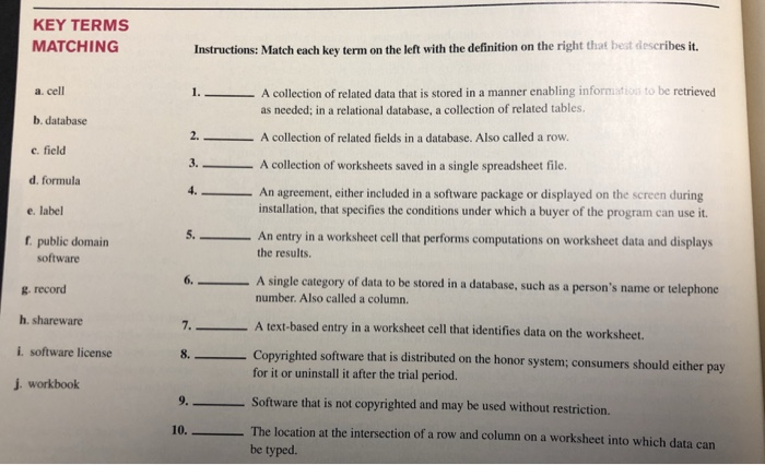  KEY TERMS MATCHING a. cell b. database c. field d. formula