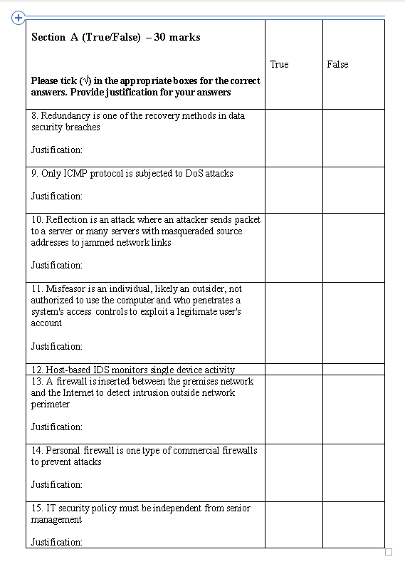  Section A (True False) 30 marks True False Please tick (V)