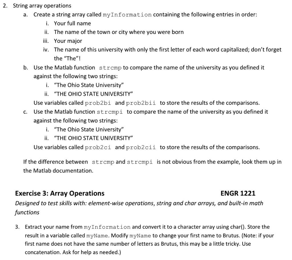 Matlab (exercise 3) 2. String array operations a. Create a string array
