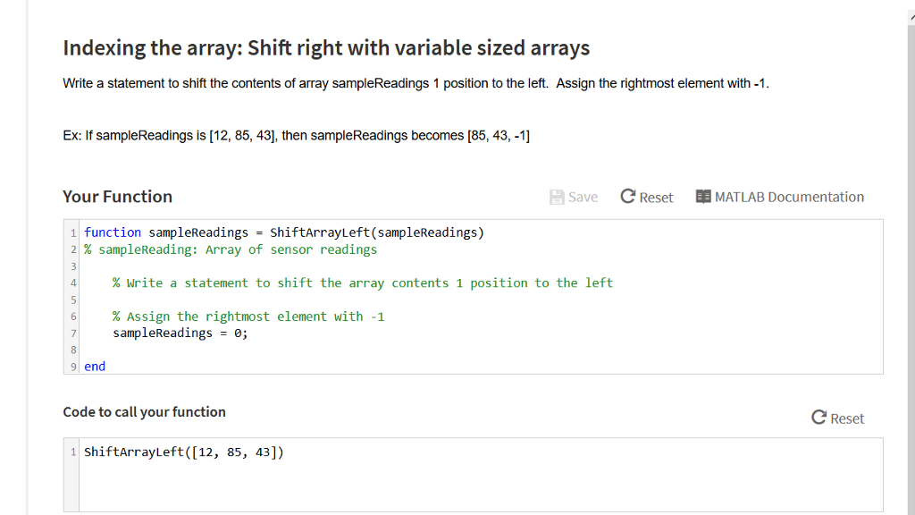  Indexing the array: Shift right with variable sized arrays Write a