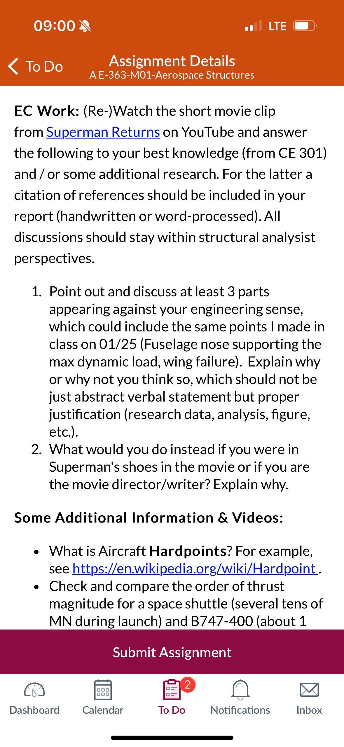  09:00 all LTE To Do Assignment Details A E-363-M01-Aerospace Structures EC