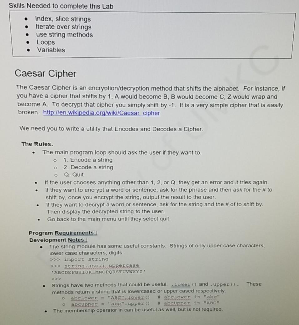 IN PYTHON PLEASE. Skills Needed to complete this Lab . Index, slice