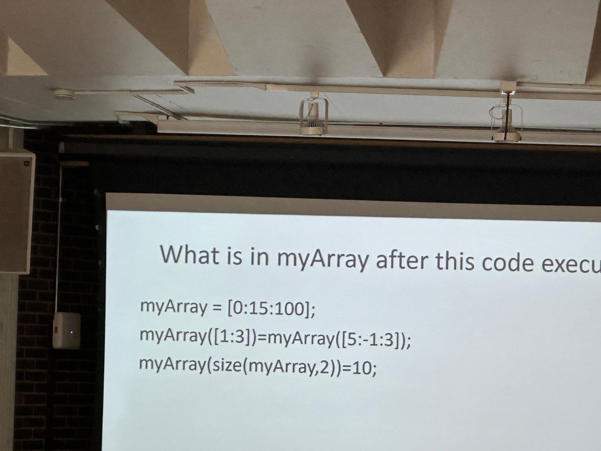  What is in myArray after this code execu myArray =[0:15:100]; myArray([1:3])=myArray([5:-1:3]);