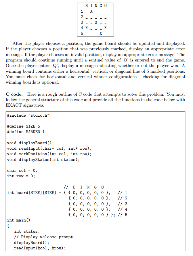 a simple variation of the game BINGO. Your program should display the