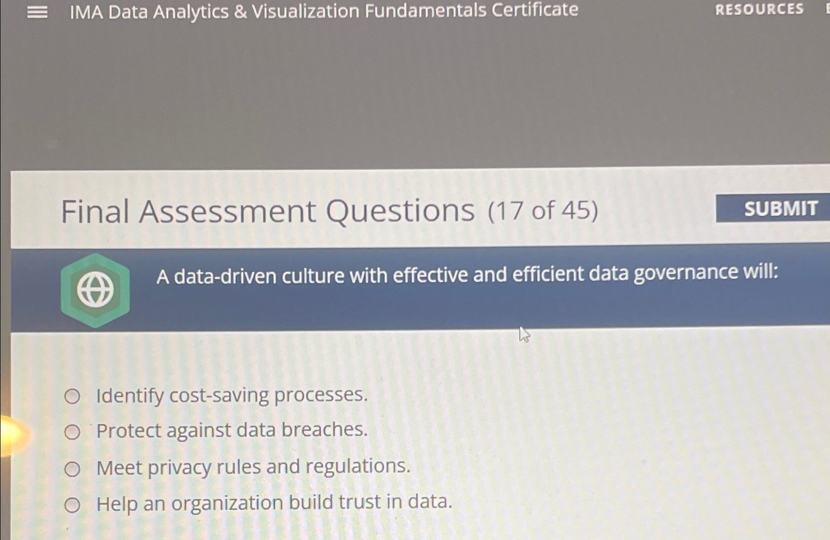  IMA Data Analytics & Visualization Fundamentals Certificate RESOURCES Final Assessment Questions