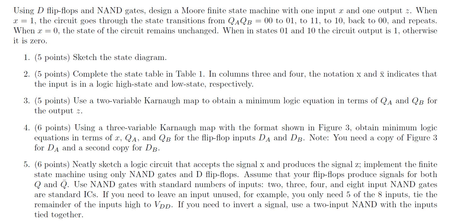 = Using D flip-flops and NAND gates, design a Moore finite