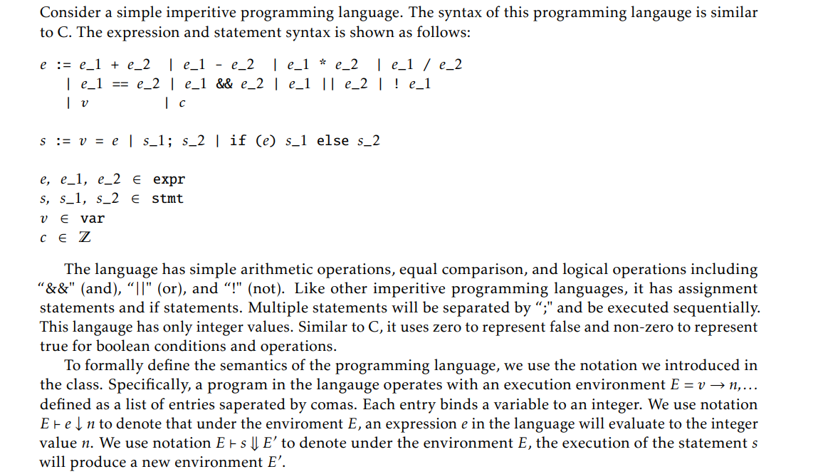  Consider a simple imperitive programming language. The syntax of this programming