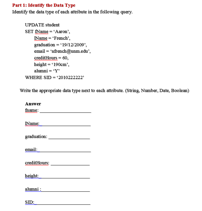 Can you please help me with this Data Type for part 1