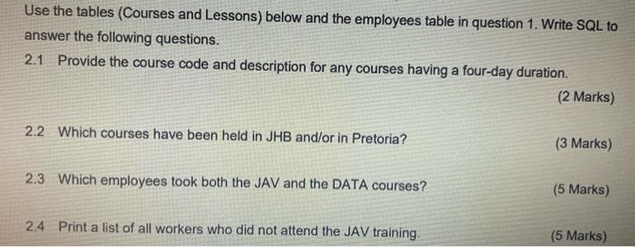 Database management system question Please answer asap Use the tables (Courses and