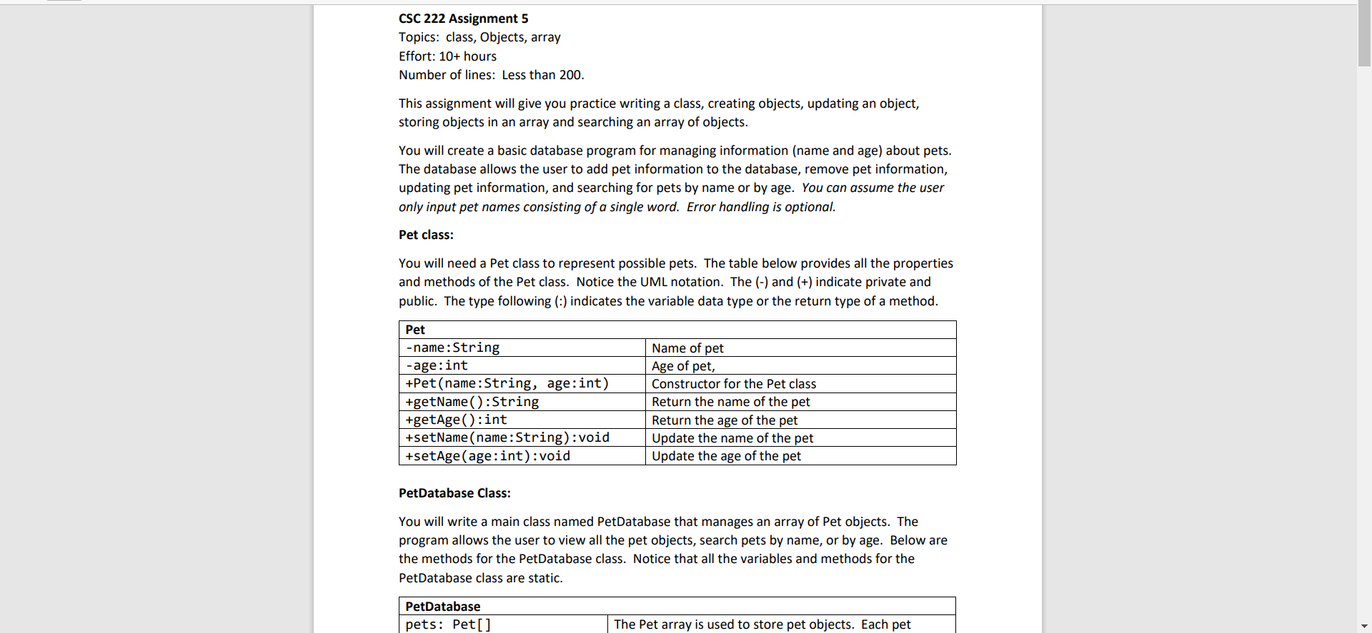 In Java CSC 222 Assignment 5 Topics: class, Objects, array Effort: 10+