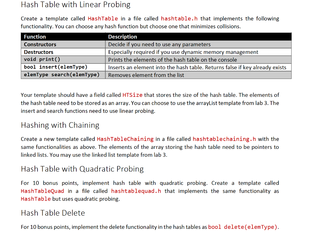 IN C++ Hash Table with Linear Probing Create a template called HashTable