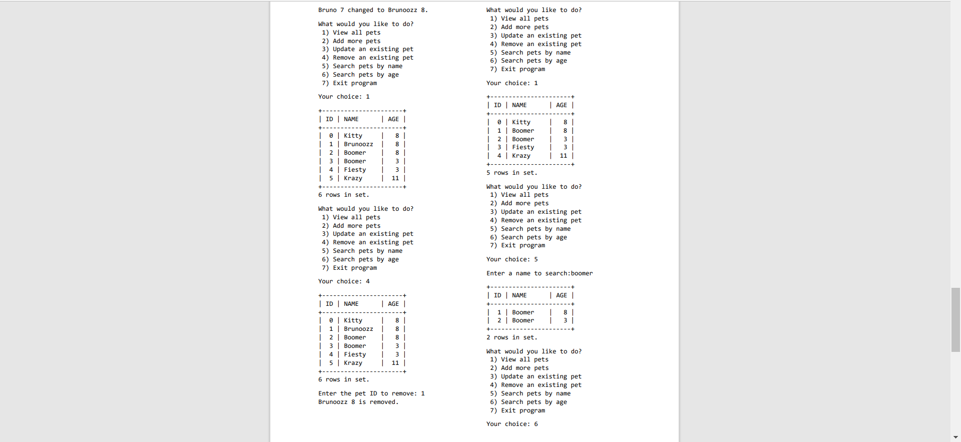 database allows the user to add pet information to the database, remove