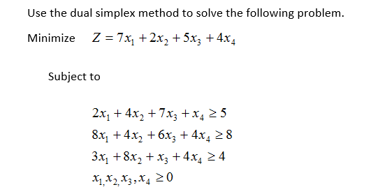 Use the dual simplex method to solve the following problem Minimize