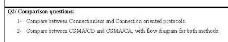 Q2/ Comparison questions: 1- Compare between Connectionless and Connection oriented protocols.