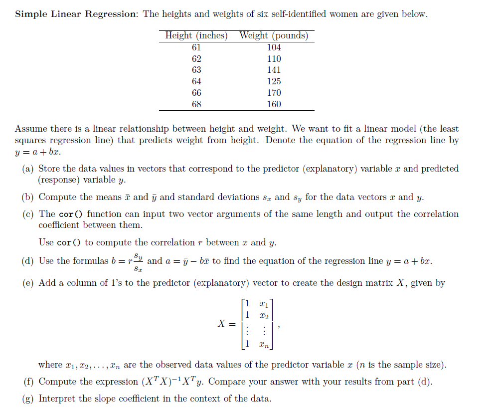 Use R Studio: Simple Linear Regression: The heights and weights of six