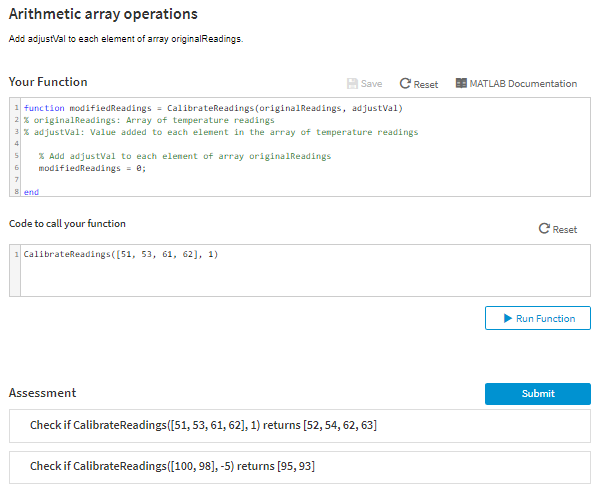 MathLab Arithmetic array operation:s Add adjustVal to each element of array originalReadings.